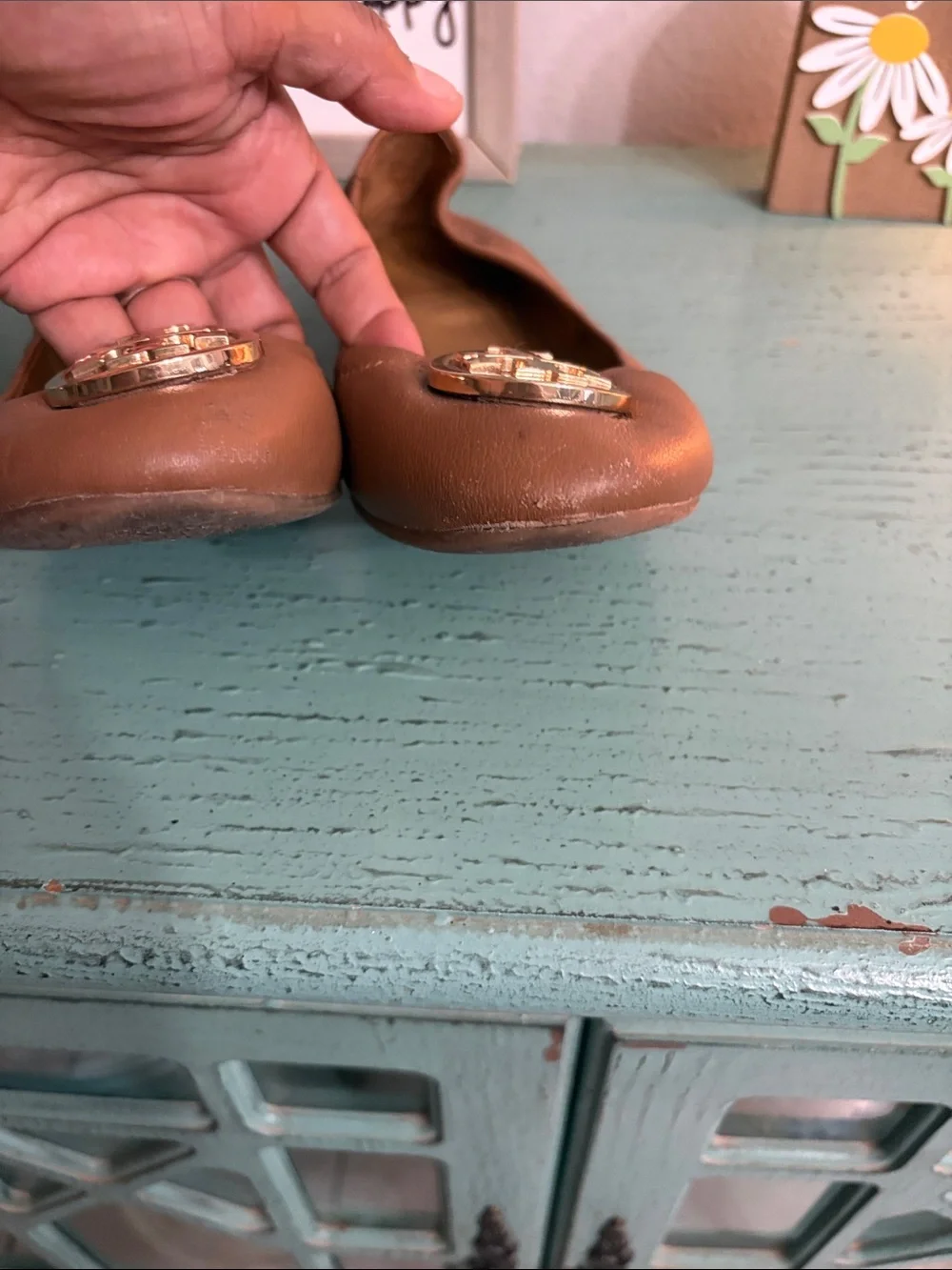 Tory Burch Tan Leather Ballet Flats with Gold Logo Medallion